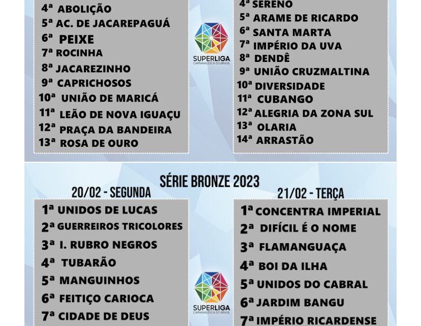 Superliga define ordem dos desfiles das Séries Prata e Bronze para o carnaval 2023